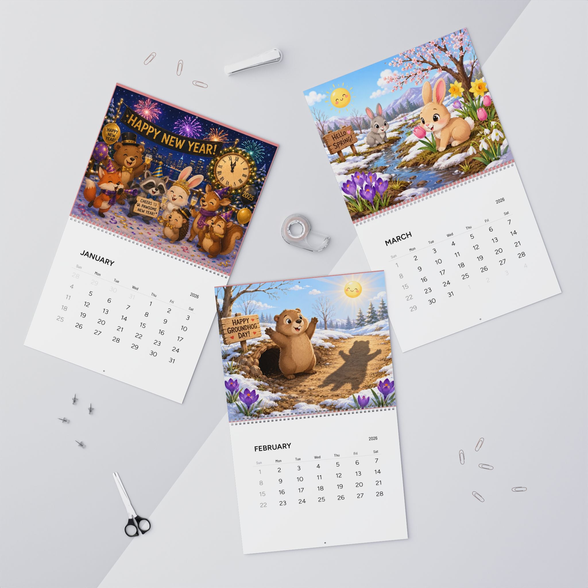 2026 Cute Cartoon Animals Wall Calendar — Monthly Illustrated Animal Scenes